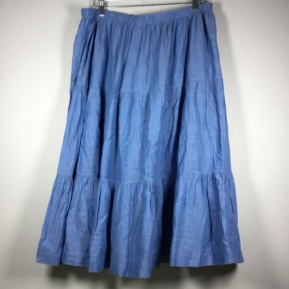 Lightweight blue denim cotton skirt drawstring waist wood beads elastic waist L - Picture 4 of 8